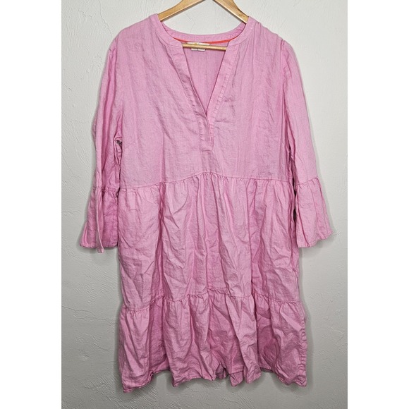 Boden Dresses & Skirts - Boden 100% Linen Dress Tiered Knee Length Pink Women's Size 16/18R Bell Sleeve